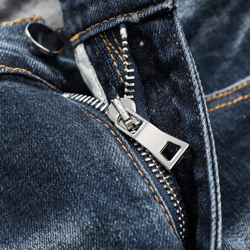 Fashion Streetwear Men Jeans High Quality Retro Blue Elastic Slim Fit Hole Ripped Jeans Men Patch Designer Brand Pants Hombre