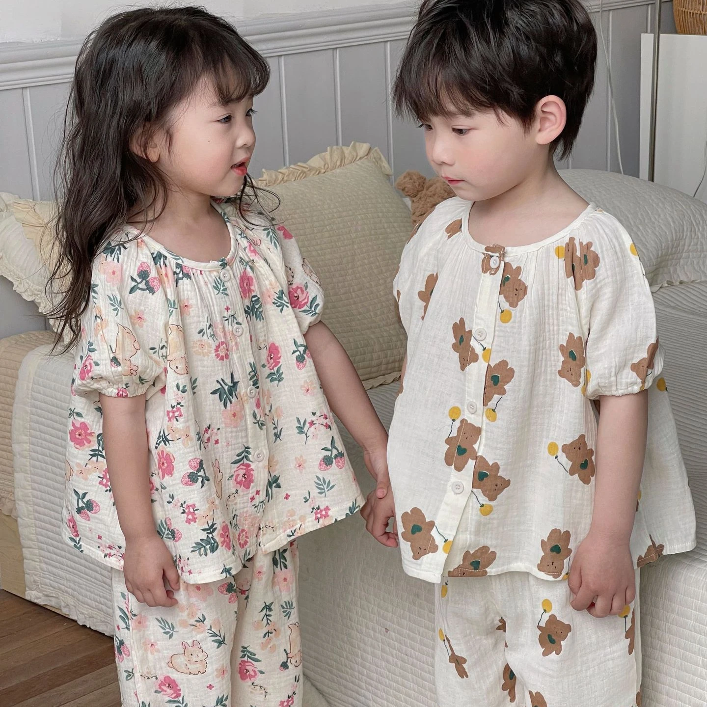 

+pant Pajamas Korean 2pcs Top 2023 Children Gauze Summer Home Suit Cartoon Cute Suit New Clothing Set Boy's Girl's Set