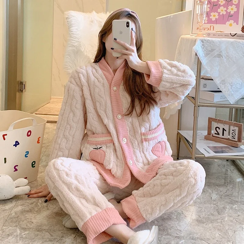 Women's Fleece Pajamas Set Winter Thick Sweet Korean Style Ladies 2 Pieces Sleepwear Single Breasted Pijama Suit For Female