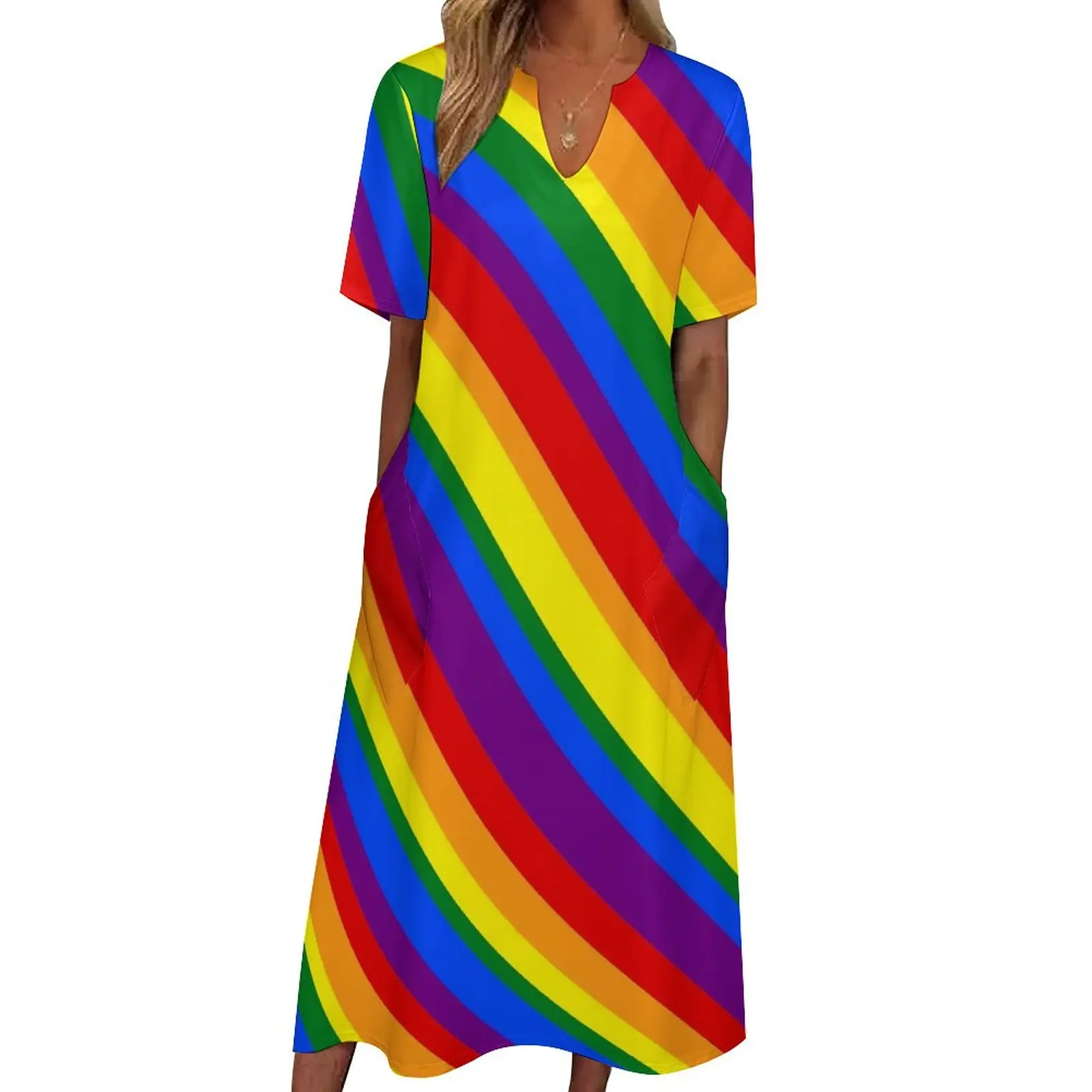 

Rainbow Striped Dress Colorful Lines Print Elegant Maxi Dress Short Sleeve Pattern Bohemia Long Dresses Street Fashion Vestidos