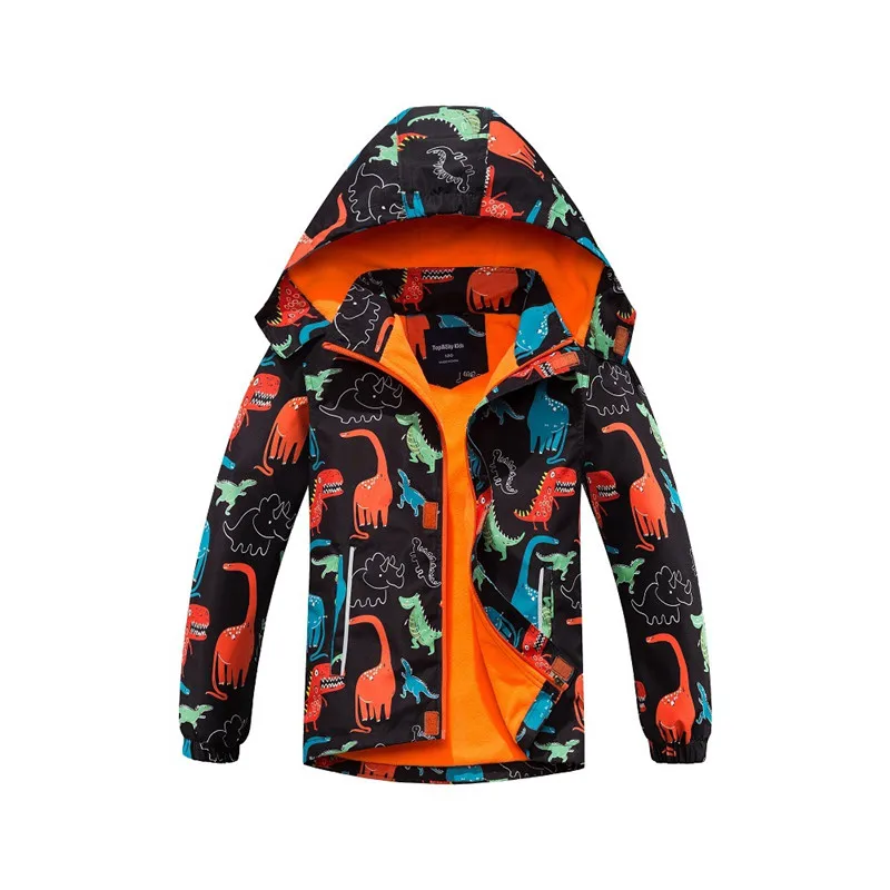 

Boys Outdoor Print Dinosaur Waterproof Jacket Cardigan Hooded Velvet Warm Jacket Zipper Shirt Jacket Windbreaker