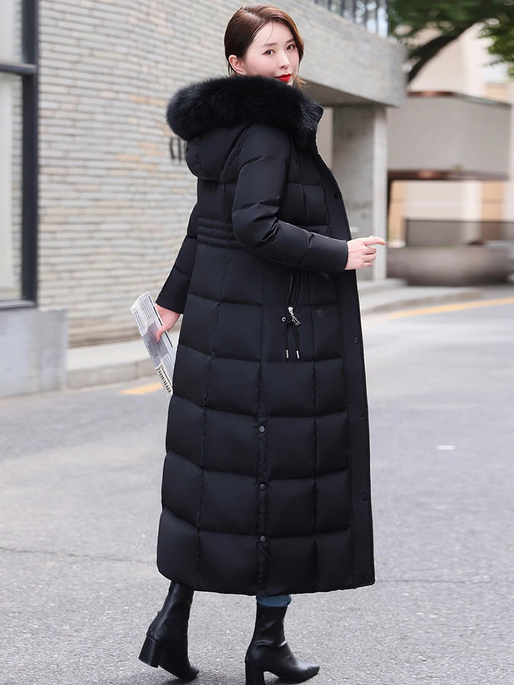 New Women Long Down Coat Winter Fashion Hooded Two-colour Real Fox Fur Collar Thicken Warm Down Jacket Female Slim Overcoat