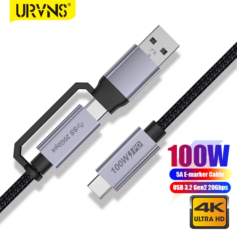 

URVNS 2-in-1 Gen 2 USB-C 3.2 Cable 4K UHD 20Gbps USB C Cord 100W PD Fast Charging Cable for MacBook Pro iPad Xiaomi Galaxy S20