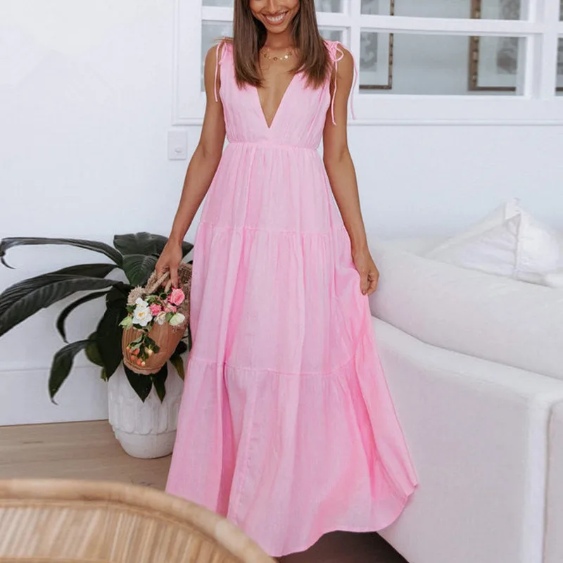 

Mandylandy Women Elegant Bohemian Dress Fashion Female Sexy V Neck Sleeveless High Waist Corset Ruffle Evening Dress Streetwear