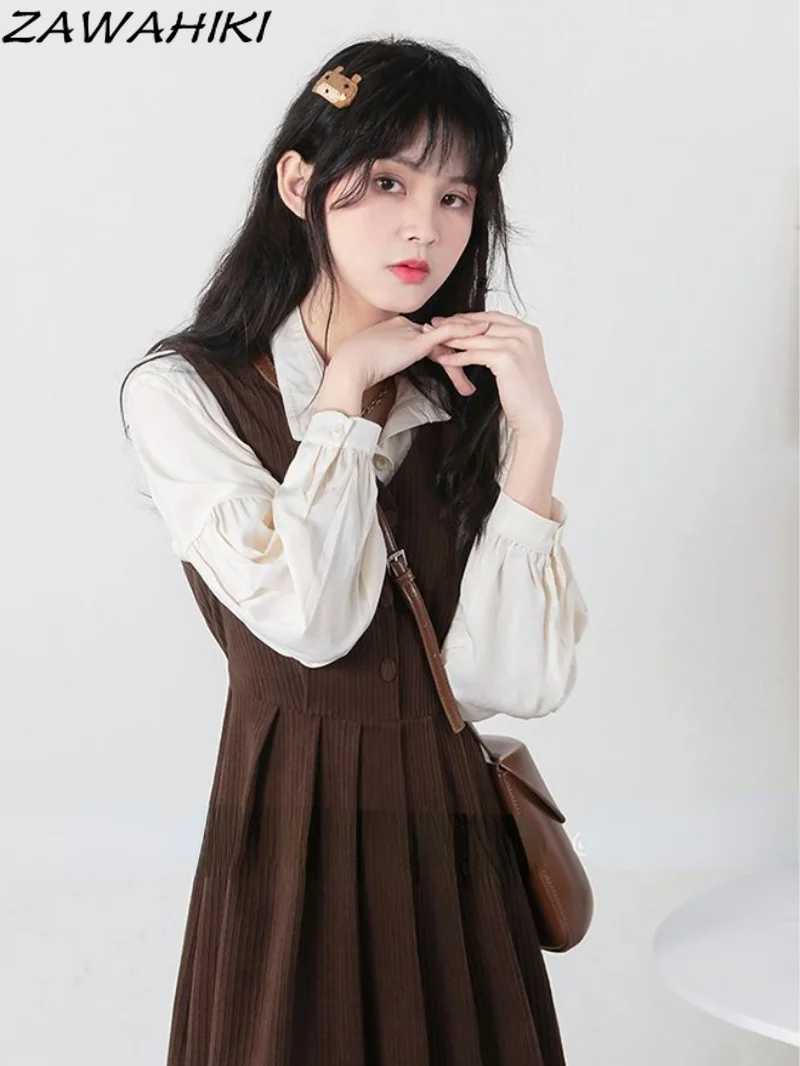 

Винтажное платье с длинным рукавом, женские платья миди во французском стиле с отложным воротником, милые модные платья для девочек с высок...