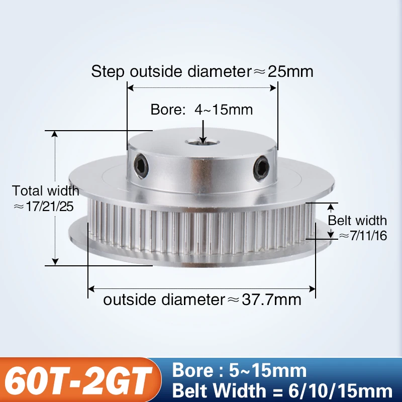 

GT2 Timing Pulley 2GT 60 Teeth Bore 5/6/6.35/8/10/12/14/15mm Synchronous Wheels Width 6/9/10/15mm Belt 3D Printer Parts