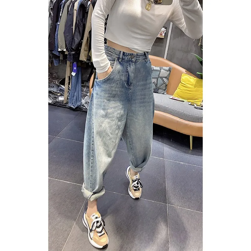 

2022 New Arrival Autumn Women Cotton Denim Ankle-length Pants All-matched Button Fly Waist Loose Harem Pants Casual Jeans P275