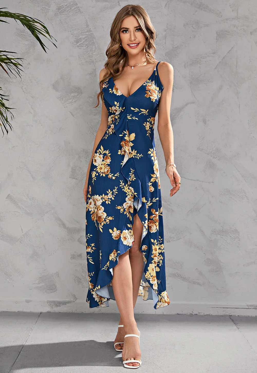 

Summer Dress for Women 2022 Sexy Slit V-Neck Ruffles Print Beach Autumn Spring Femme Party Robe Elegant Fashion Dresses C3853