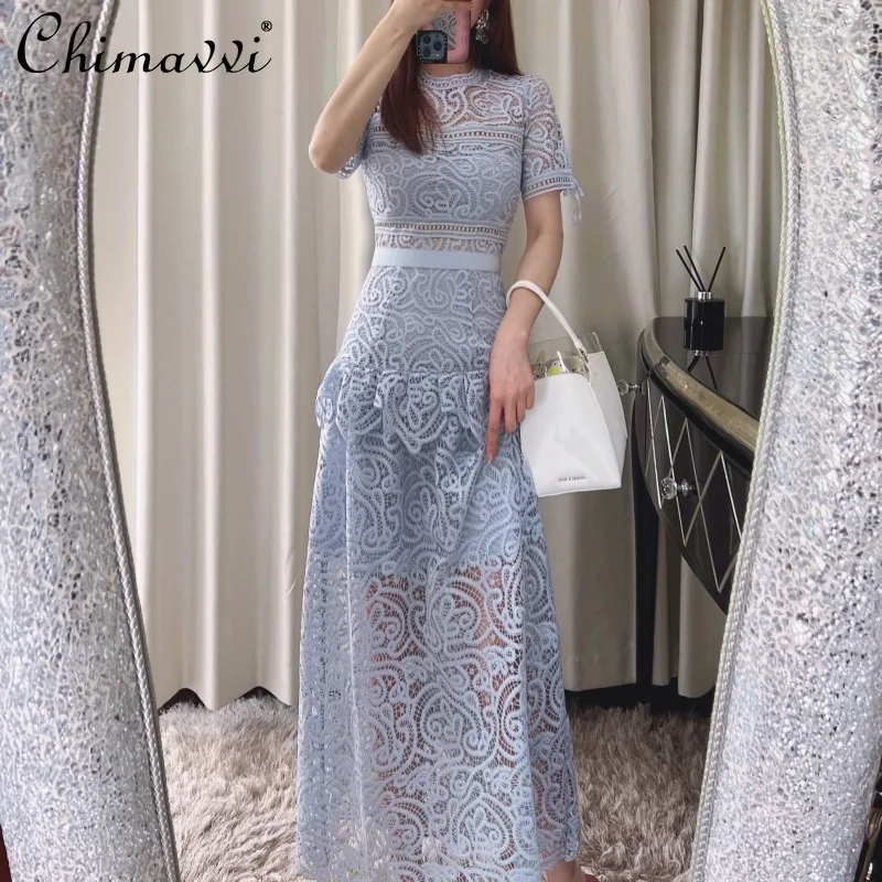 

2022 Spring and Summer Light Blue Embroidered Water Soluble Lace Ruffled Heavy Dresses Temperament High Waist Slim Maxi Dress