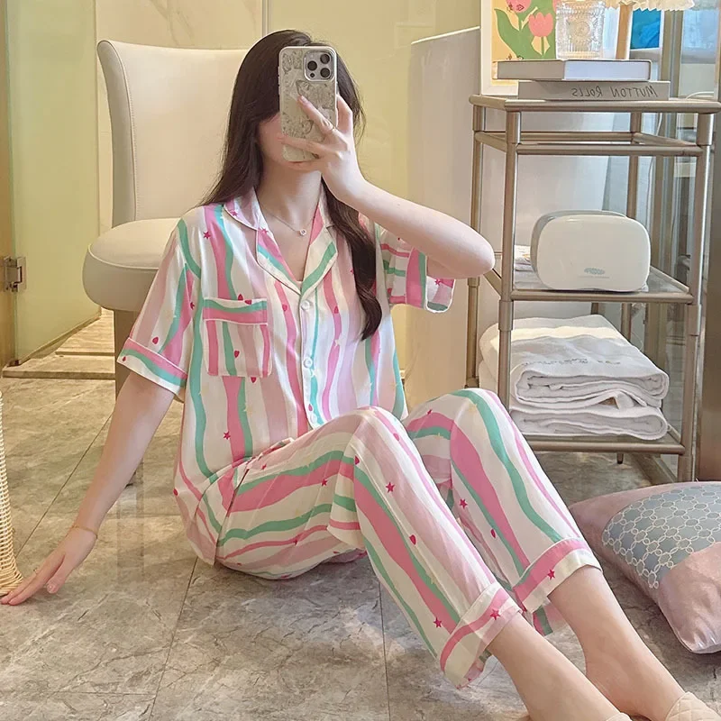 Женские атласные пижамные комплекты из двух предметов брюки с коротким рукавом и