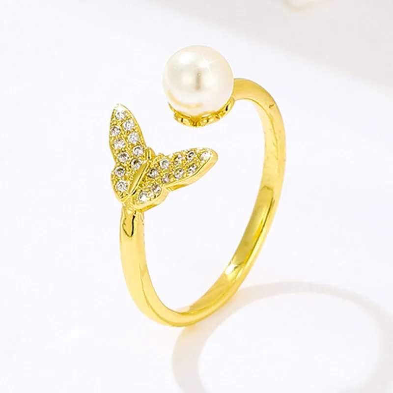 

New Luxury 18k Gold Plating Retro temperament Women Ring butterfly Dragonfly Pattern Micro Inlaid opening Adjustable Pearl Rings