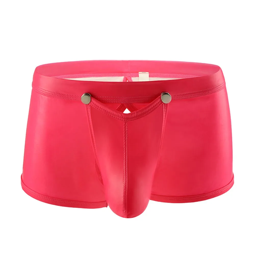 

Men Sexy Leather Boxer Bulge U Convex Pouch Trunks Removable Button Pouch Lingerie Shorts Panties Wet Look Brief Men's Underwear