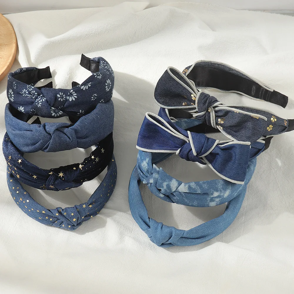 

Модные голубые джинсовые широкие женские ленты для волос с принтом в виде галстука-краски, простые обручи для головы, Богемные аксессуары для волос