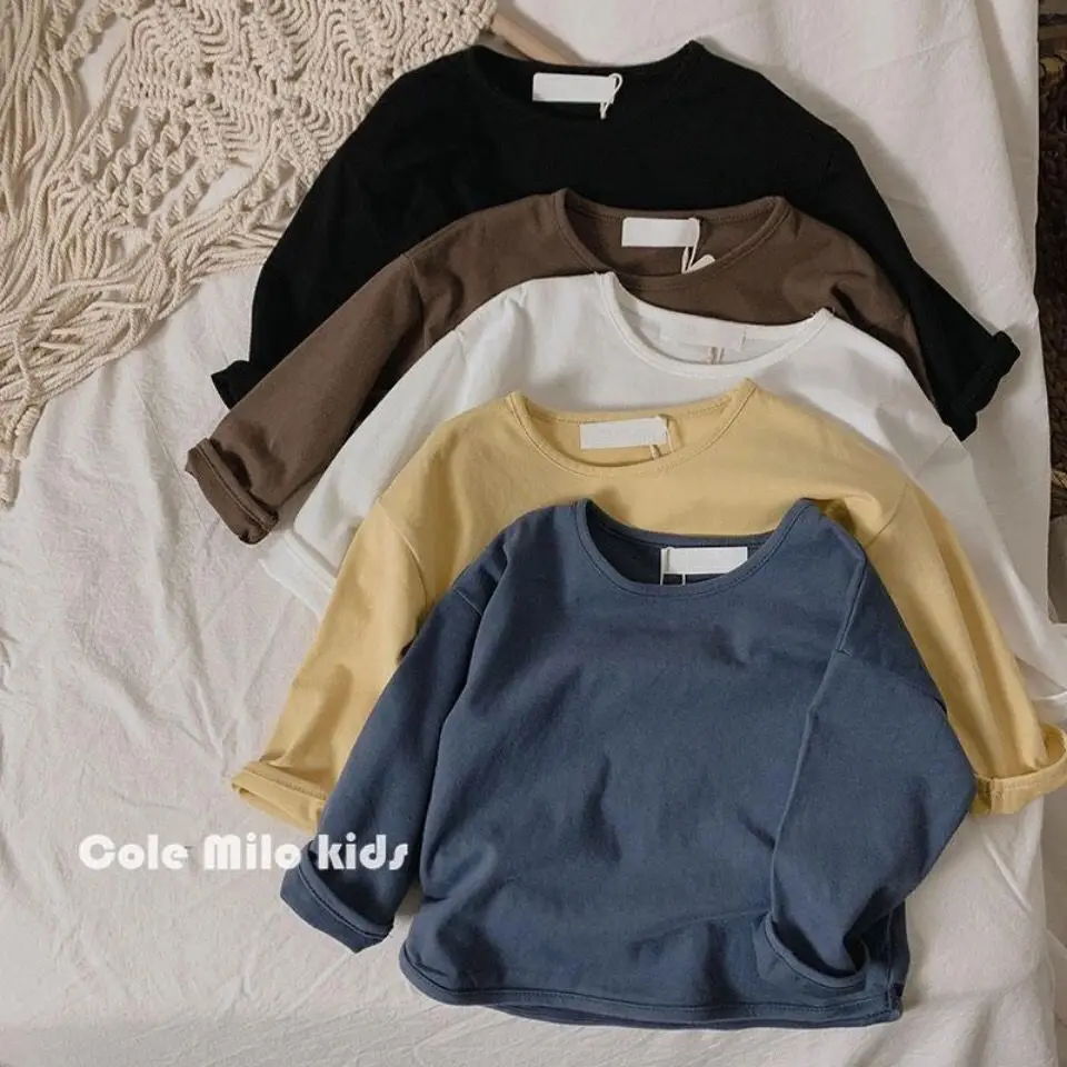 2023 Baby Boys Cotton T-shirts Spring Autumn New Girls Solid Color Kids Tops Long Sleeve Loose Toddlers Children Casual Tees