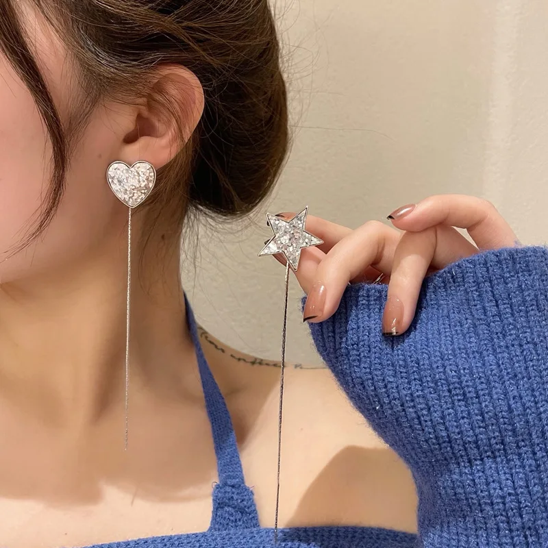 

Luxury Star Tassel Earrings Dangle Glitter Heart Piercing Long Pendant For Women Korean Charm Jewelry 2022 Fashion Earring Gifts