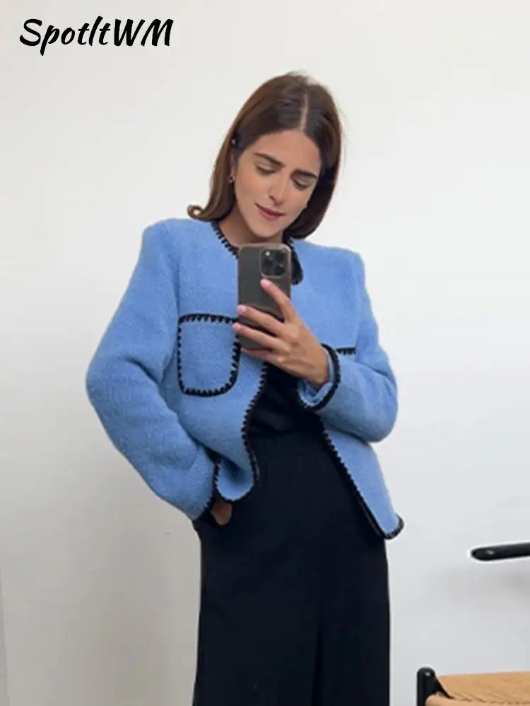 

Женский трикотажный блейзер с карманами, элегантный кардиган с длинным рукавом в стиле пэчворк, винтажная теплая уличная куртка на осень