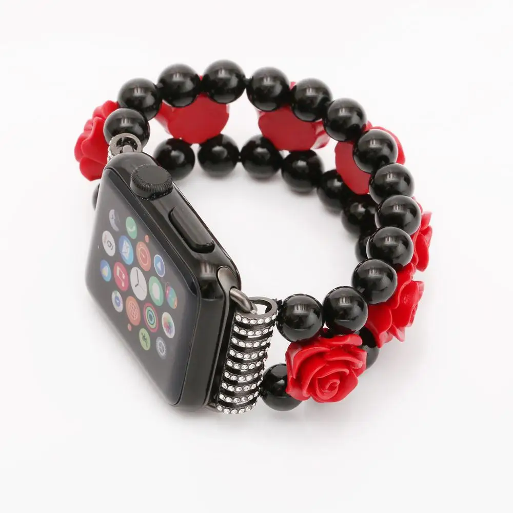 Red Rose Flower Agate Band for Apple Watch Series 8 7 6 5 4 3 SE Bracelet for iWatch 45mm 44mm 40mm 42mm 41mm Jewelry Wristband