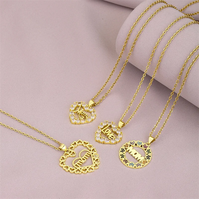 

Luxurious Heart-shaped Women's Necklace Stainless Steel Gold Color Chain Mom Zircon Pendant Choker Mother's Day Gift Jewelry