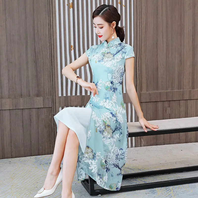 

Aodai Cheongsam Young Girl Chinese Style 2022 New Retro Elegant Temperament Improved Version Dress Summer Printed Qipao h893