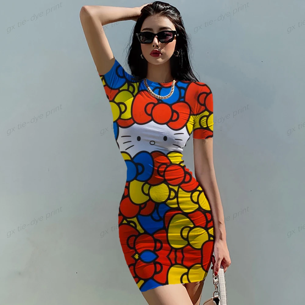 

Summer Cartoon pattern Dreses Y2K Fashion Stretch Mini Dress Women Sexy Slim Fit Bodycon Party Vestidos Hello Kitty Print Dress