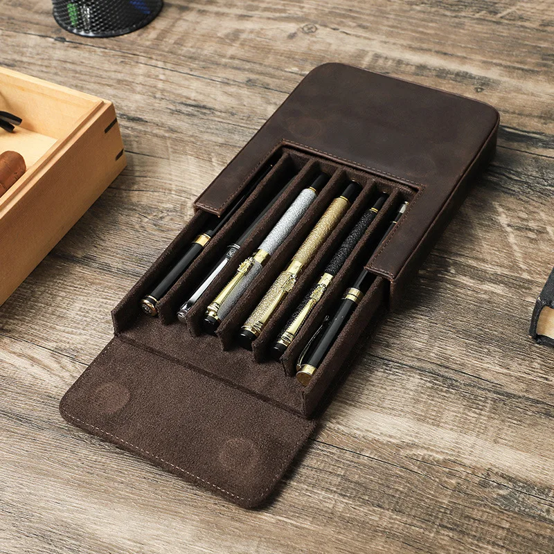 

Foreign Trade Source Crazy Horse Leather Pencil Bag Handmade 6-Piece Magnetic Absorbent Drawer Type Student Pen Storage Box In S