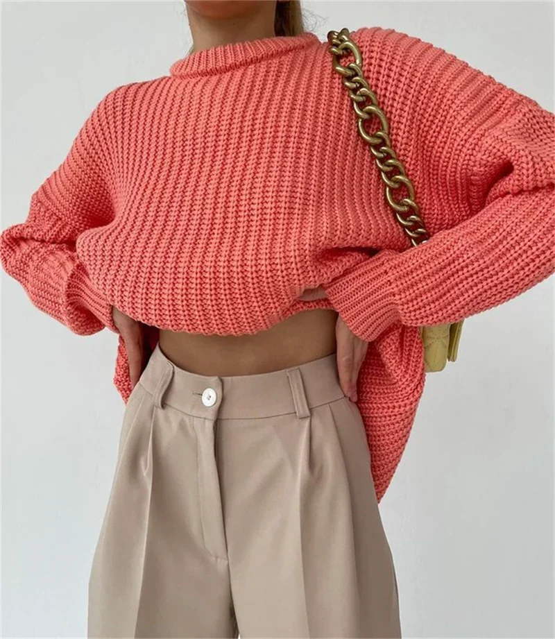 

Свитер с круглым вырезом, вязаные пуловеры, белые, розовые, черные, розовые, оранжевые свободные свитера с рукавом летучая мышь, осенне-зимний женский свитер, топы