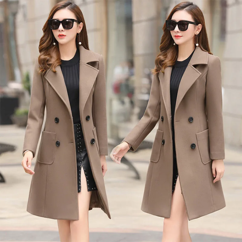 

Womens Winter Wool Coats Pockets Lapel Jackets Woolen Overcoat Elegant Double Breasted Long Ladies Overcoats Plus Size Outerwear