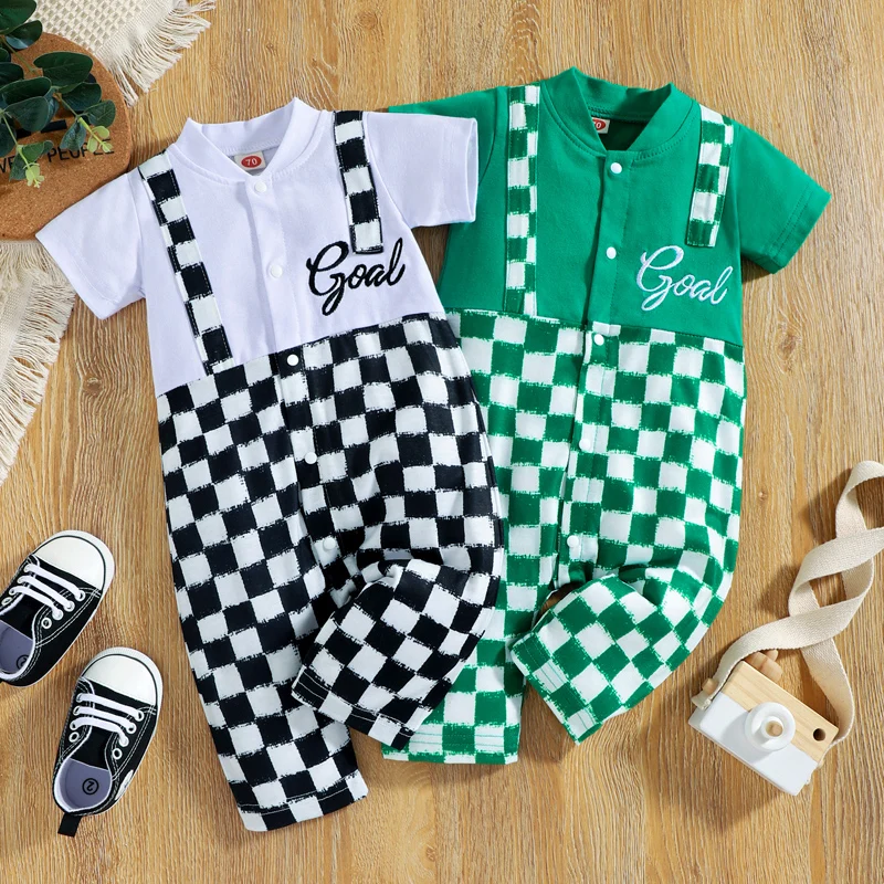 

Summer Infant Girl Boy Romper Short Sleeve Checkboard Print Patchwork Button Down Jumpsuit Baby Clothing