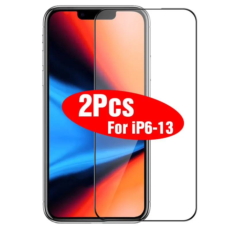 

2Pcs Full Cover Protective Glass on For iPhone 13 12 Pro 11 Pro Max XS XR Glass Screen Protector on iPhone 7 8 Plus SE 2020 Film