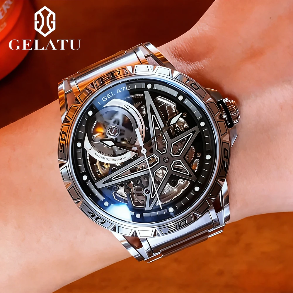Фото Мужские часы GELATU, топовый бренд, из тонкой стали, с сапфировым стеклом, с ажурным механизмом, оригинальные автоматические механические наручные часы, светящиеся в темноте №4