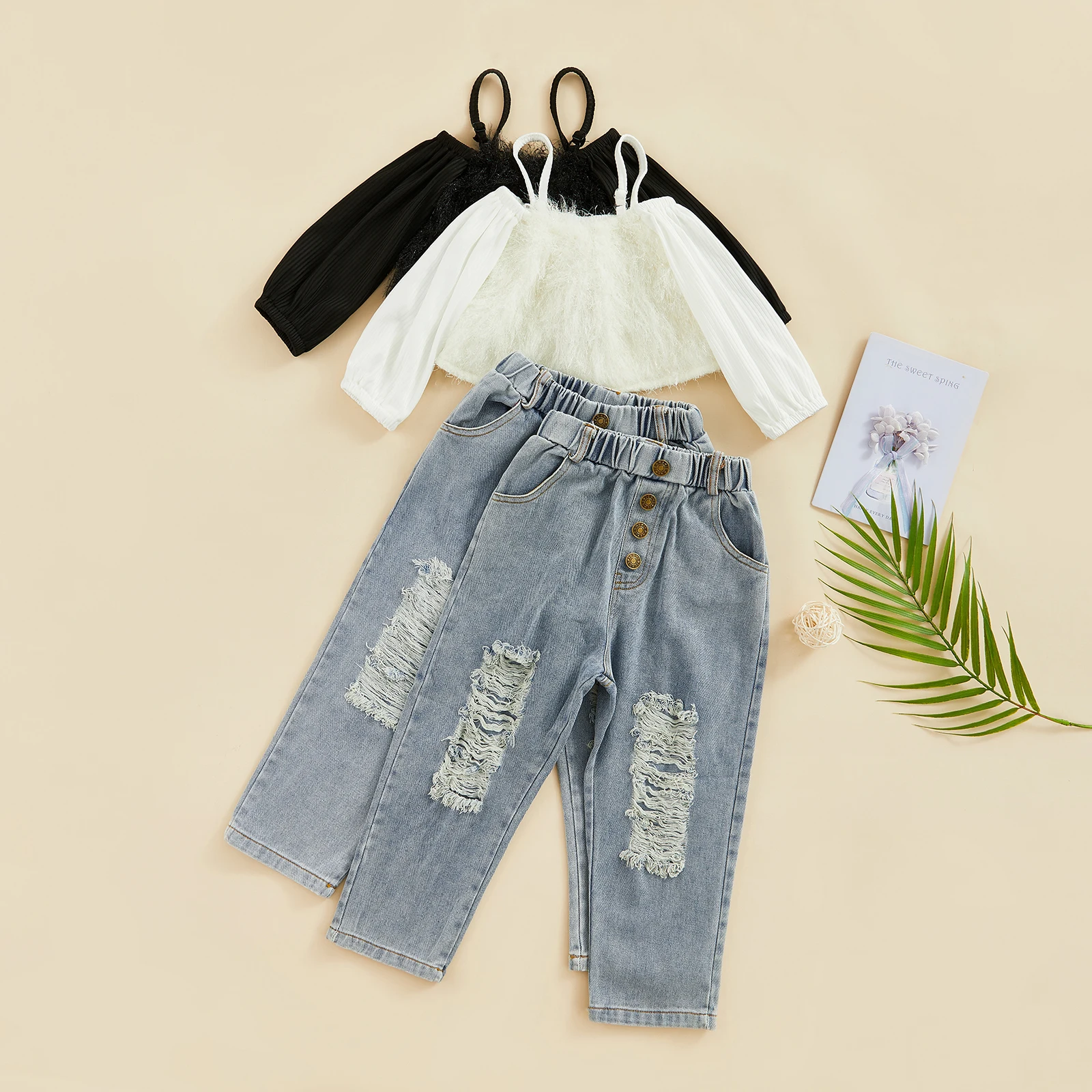 

TR New Autumn Kids Girls Pants Suit Solid Color Off Shoulder Tops and Elastic Waist Ripped Jeans Fall Clothes Set
