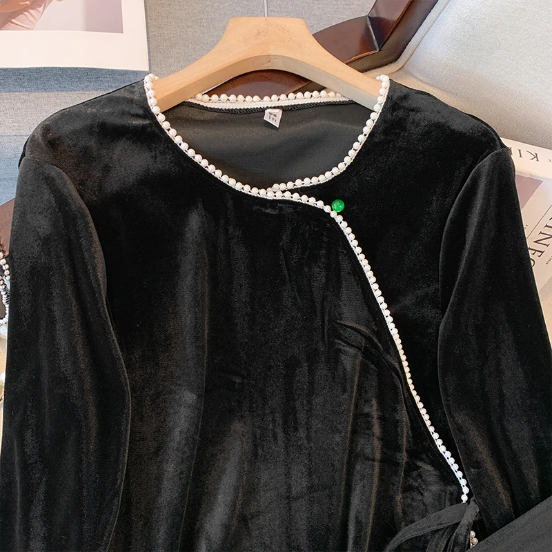 Винтажная блузка с бусинами черная бархатная рубашка в китайском стиле модные