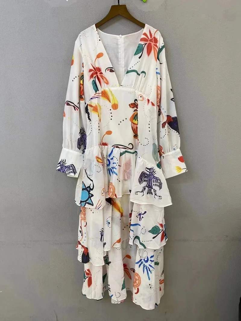 

Женское длинное платье с поясом, привлекательное Платье макси с глубоким V-образным вырезом и поясом с абстрактным принтом, платье с длинным рукавом и каскадными оборками, осень 2022