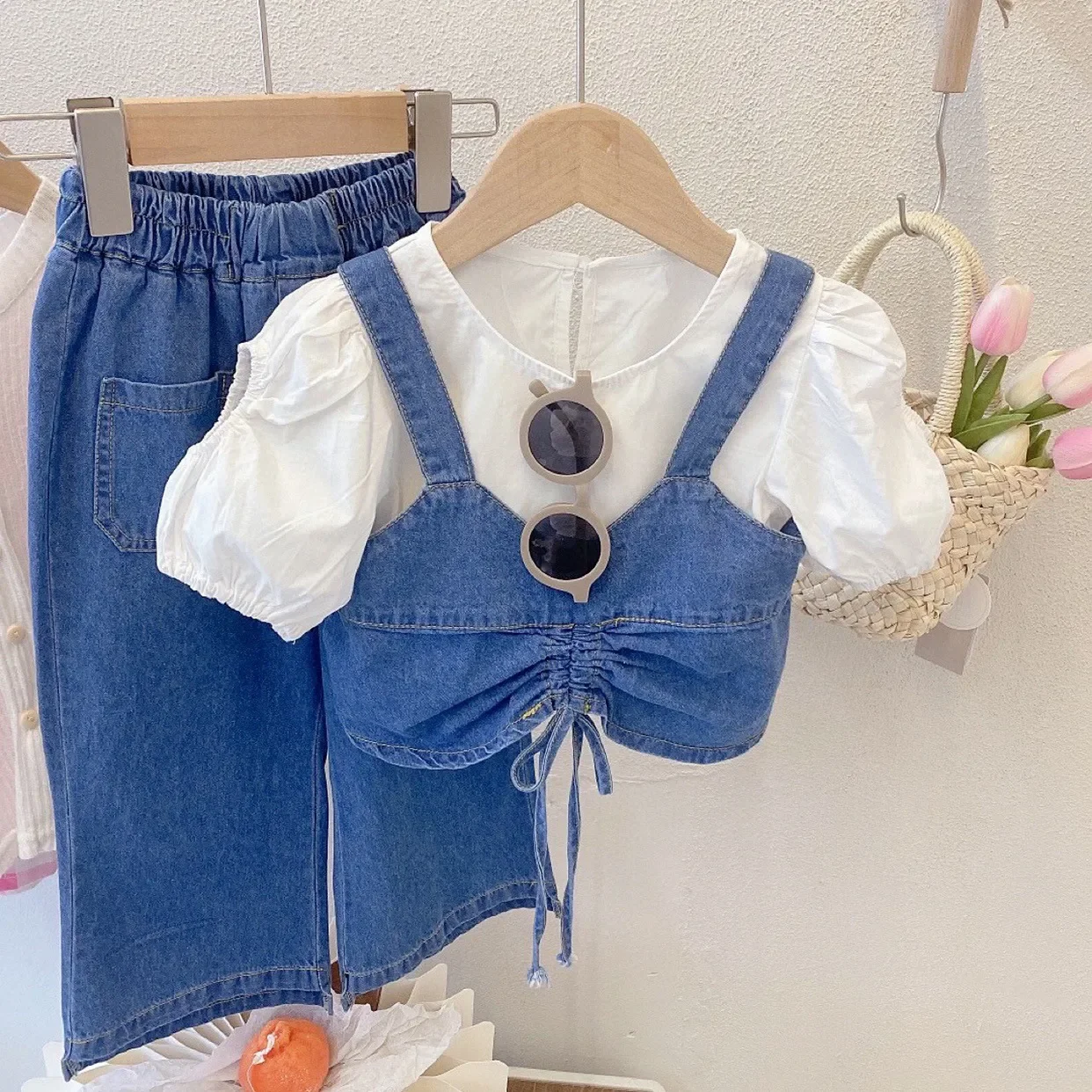 

Summer Children'S Girls' Clothing Sets Denim Suspenders +Short Sleeve+Wide Leg Pants 3Pcs Fashion Baby Kids Clothes Suit