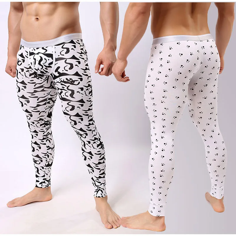 Men Modal Long Johns Thermal Underwear Men Sexy Penis Hole Leggngs Printing Male Thermal Pants Bulge Pouch Lounge Sleep Bottoms