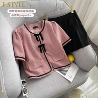 f girls skirt set for women summer pink puff sleeve short top black temperament skirts french skirt preppy style two piece suit