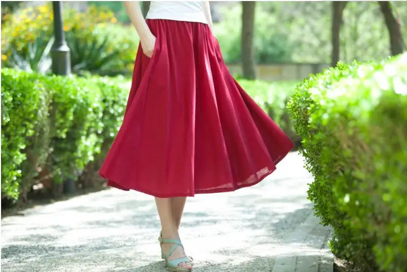 Women  Elegant High Waist Linen Cotton Maxi Skirt 2022 Summer Ladies Casual Elastic Waist Skirts feminina 9 Colors