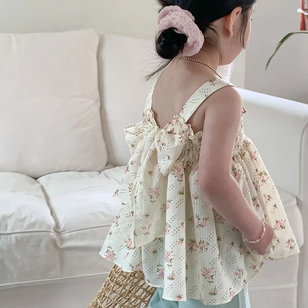 

Милая футболка для девочек 2023, летняя плиссированная Детская рубашка с бантом на подтяжках, детская одежда для малышей, топы для девочек, костюмы