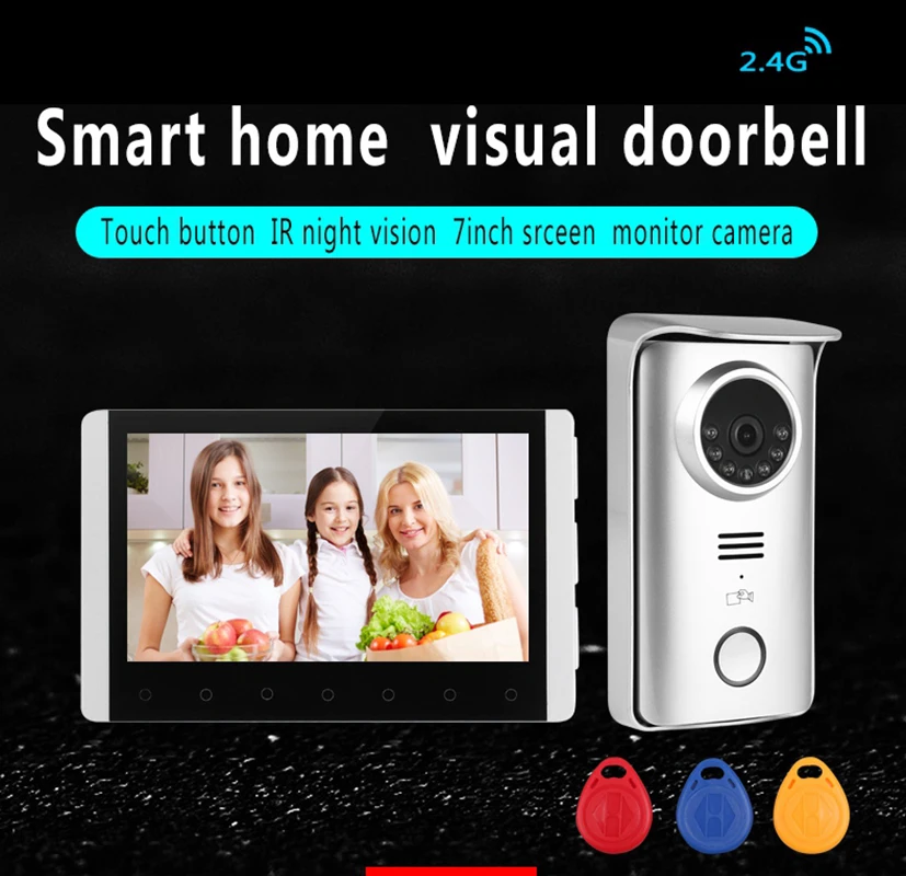 7-Inch 2.4G Home Access Control System Wireless Visual Surveillance Video Intercom Built-in Battery ID Card Swiping Videotape