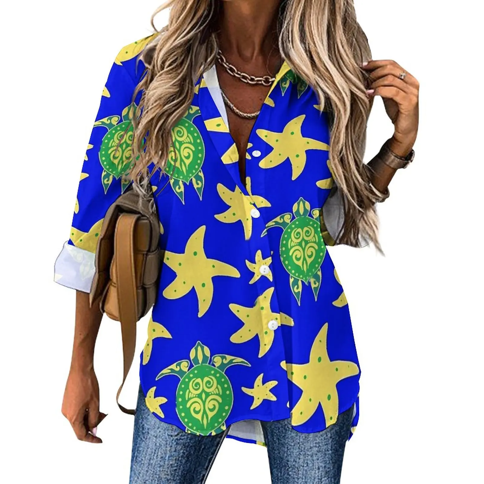 

Swimming Turtles Blouse Womens Starfish Print Streetwear Loose Blouses Summer Long-Sleeve Funny Shirt Clothing Large Size