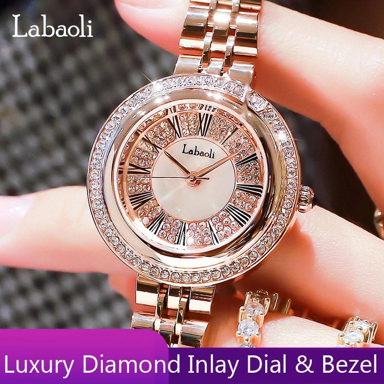 

Luxury Women Watch Elegant Diamond Inlay Bezel Dial Female Fashion Casual Rose GOLD Clock Iced Out Case Wristwatch Ladies Reloj