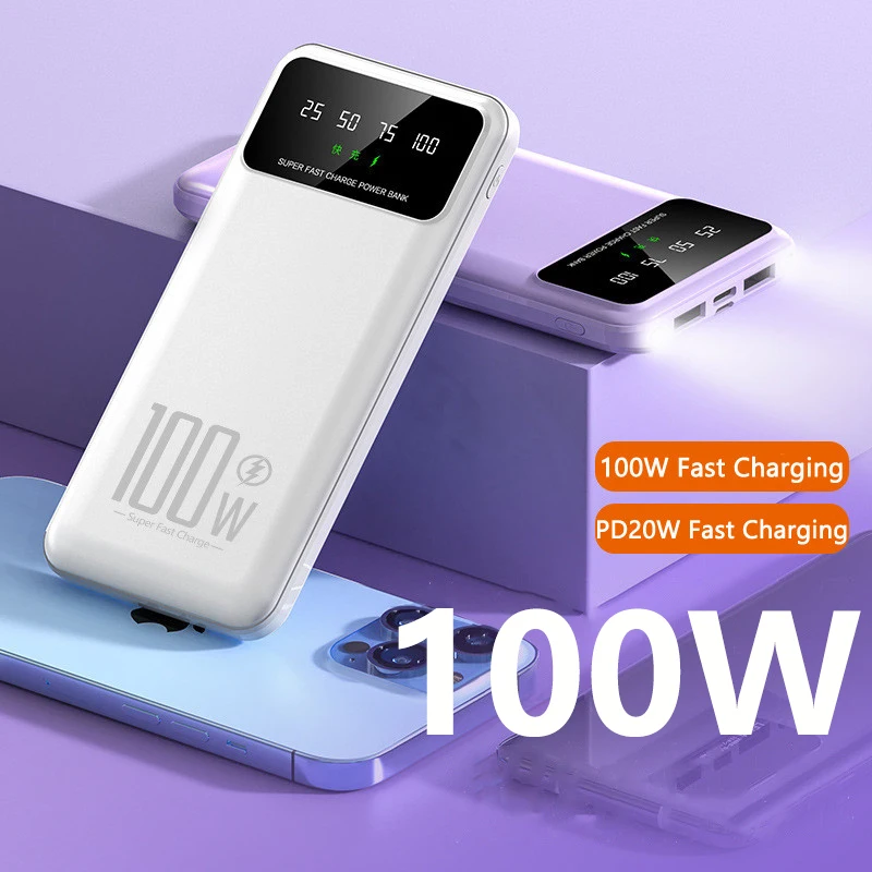 

20000mAh Power Bank 100W Super Fast Charging for Huawei P40 Powerbank for iPhone 14 13 Xiaomi Samsung Poverbank with LED Light