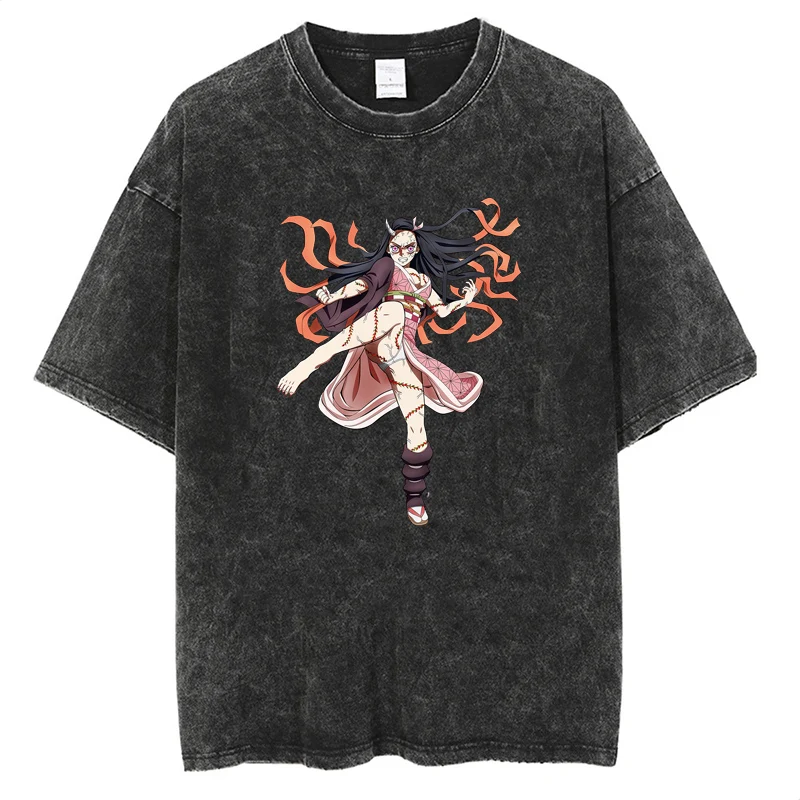 

New Japan Anime Vintage Washed T Shirt Oversized Demon Slayer T-shirt Summer Short Sleeve Manga Tshirts Harajuku Streetwear