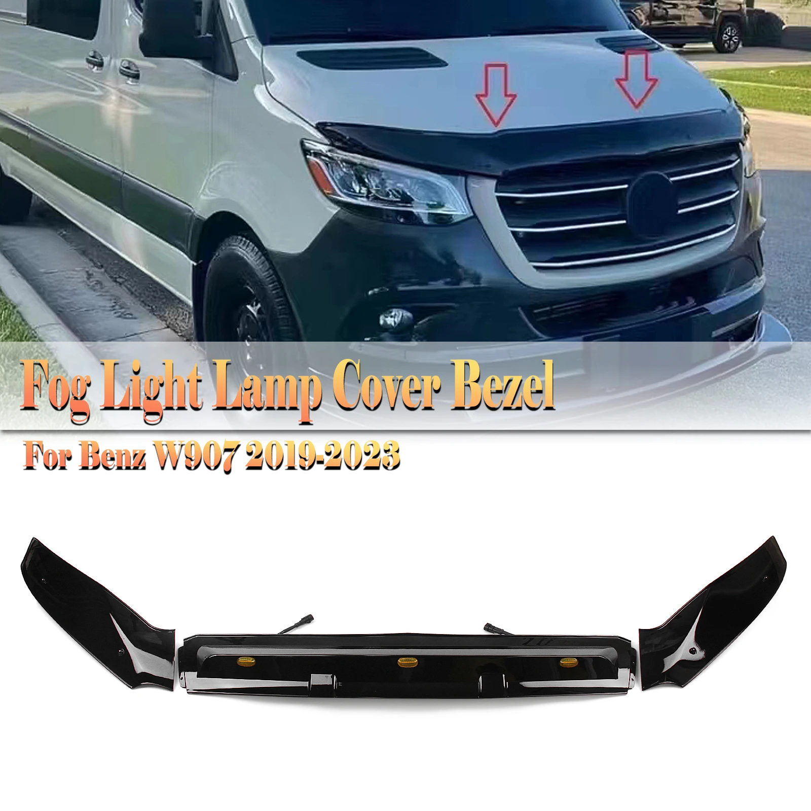 

For Mercedes Benz Sprinter W907 2019-2023 Front Hood Deflector Guard Bug Shield Protector Upper Bumper Cover W/ Lamp Gloss Black