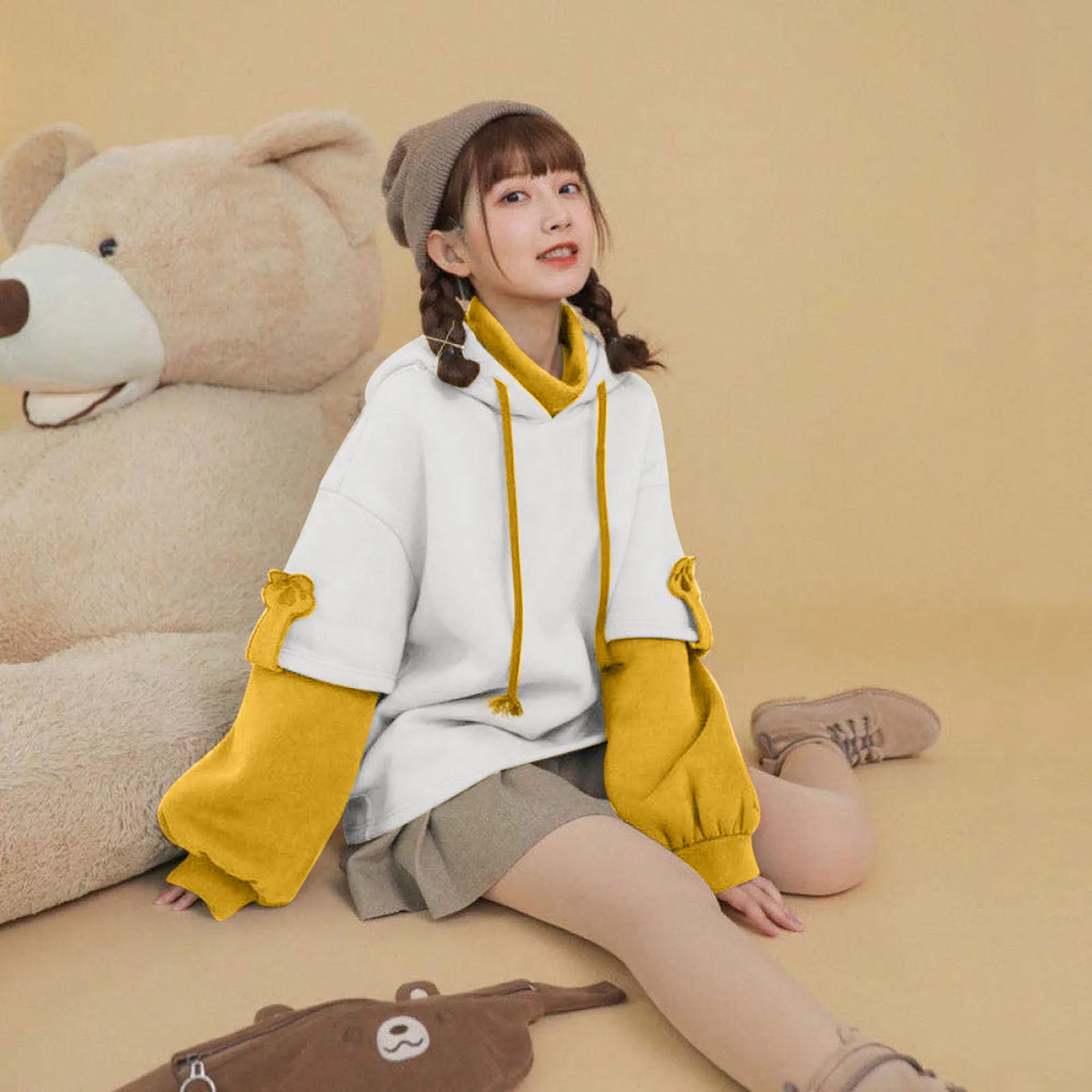 

Bear Hoodie For Womens Autumn Patchwork Sweatshirts Long Sleeve Pullover With Cute Shirts for Women Sweaters M Sweatshirt