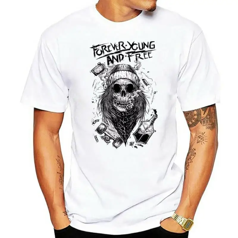 

Летняя модная футболка с круглым вырезом для подростков, футболка с надписью Forever Young and Free, с изображением черепа, Байкерская футболка, белая...
