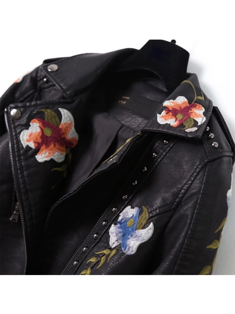 Autumn Women Black Floral Print Embroidery Faux Soft Leather Jacket Streetwear Pu Coat Moto Biker Punk Lady Outerwear