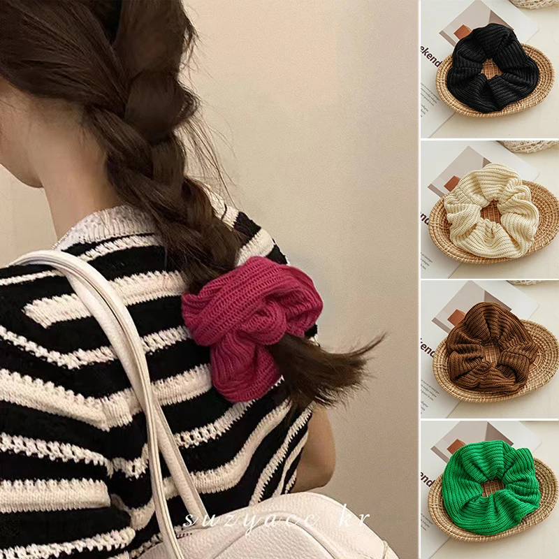 

1PC Solid Color Striped Hair Rope Soft Hairbands Ponytail Holder Rubber Band Knitting Large Intestine Hair Ring Hair Accessories