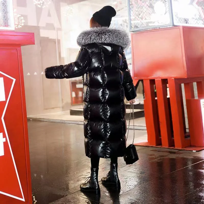 2022 Women's Cotton Jacket New Down Cotton Jacket Women's Long Black Bright Face Thickened Real Wool Collar Cotton Jacket