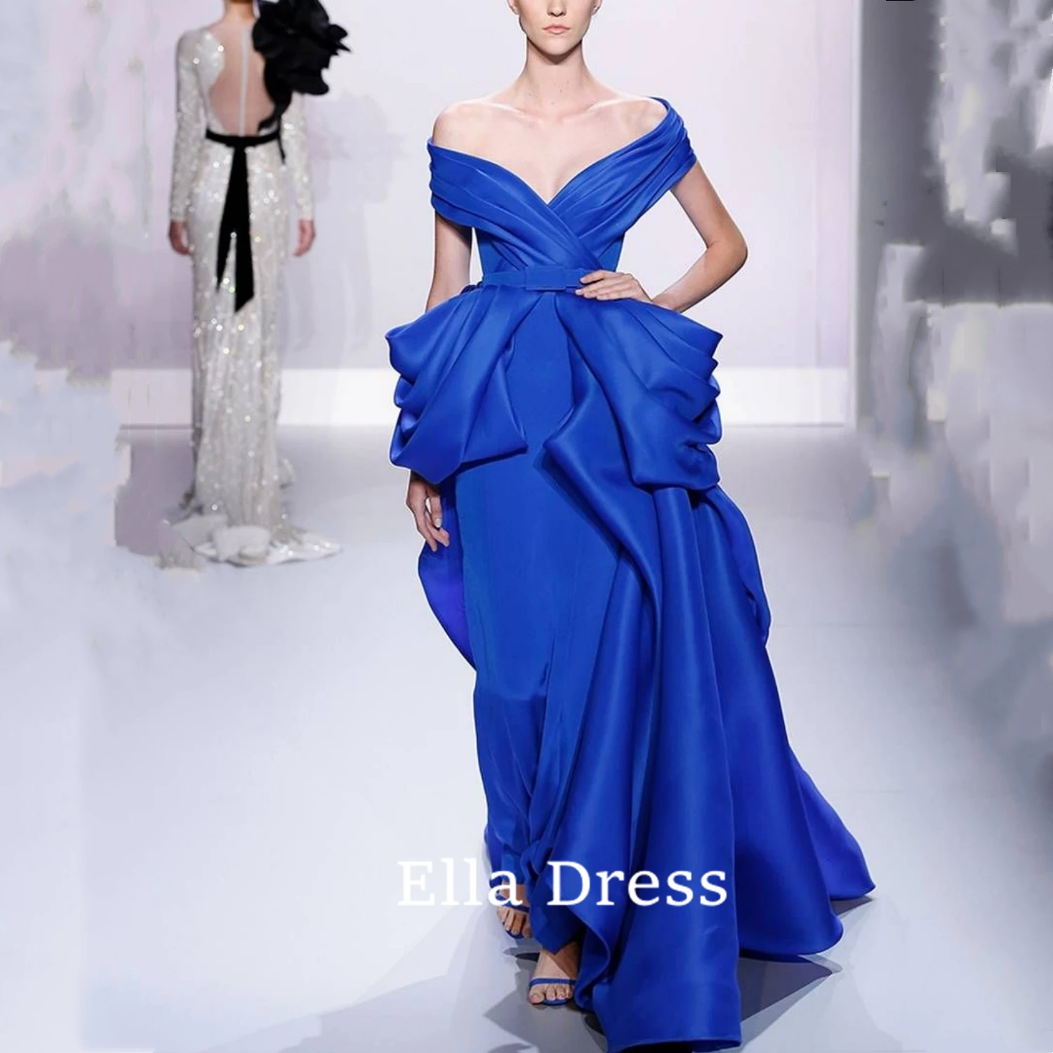 

Ella Aline blue slit elegant and fashionable V-neck floorlength off-the-shoulder satin formal evening gown ruffled pleated train